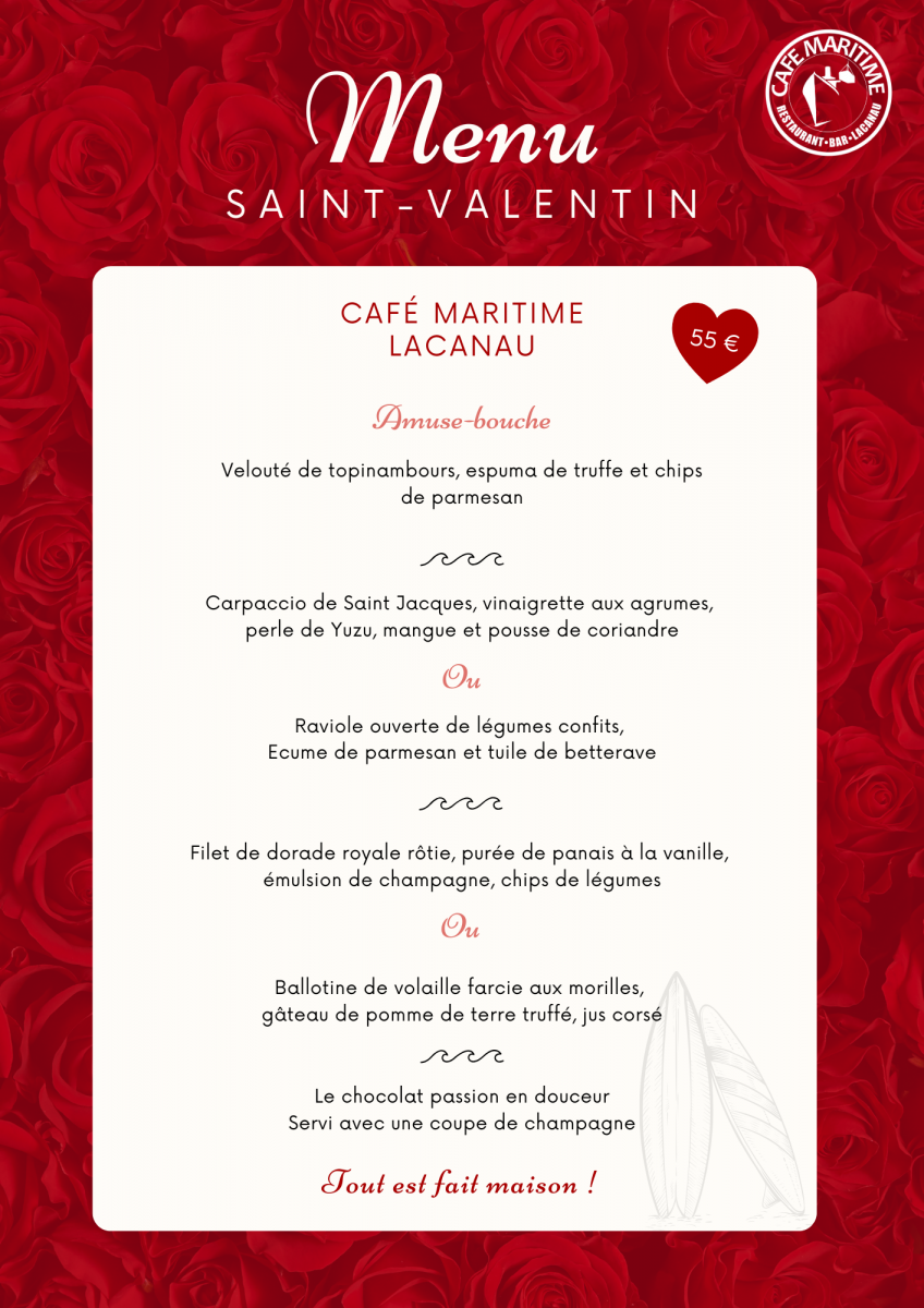 Saint-Valentin au Café Maritime Lacanau : menu raffiné à 55 €, cuisine maison, produits de saison et vue sur l’océan. Réservation conseillée.